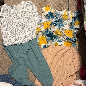 Floral and Patterned Blouses with Teal Pants